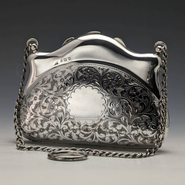 1907 British antique sterling silver purse with chain Thomas Bishton